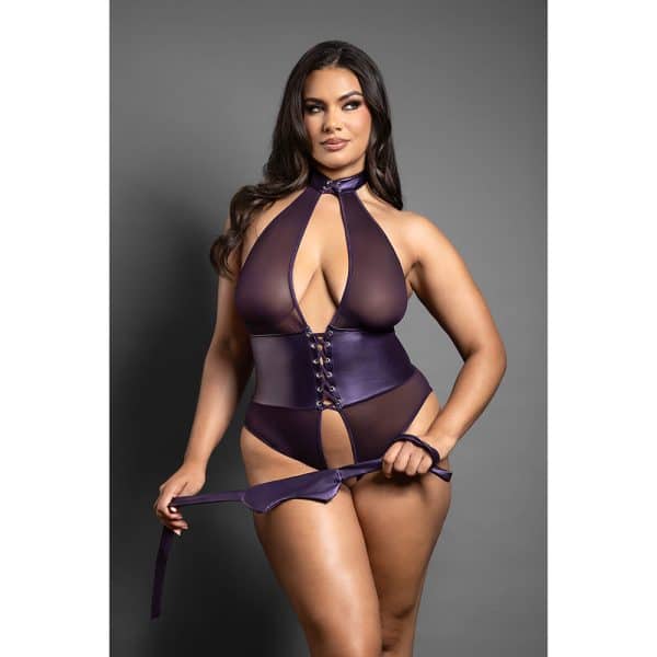 Fantasy Lingerie Domina Open Halter Teddy with Lace-Up Detail & Blindfold Deep Purple Queen Size - Image 3