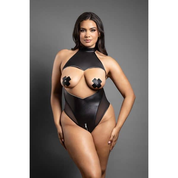 Fantasy Lingerie Domina Cupless High-Neck Halter Teddy with Zipper Detail & Pasties Black Queen Size - Image 2